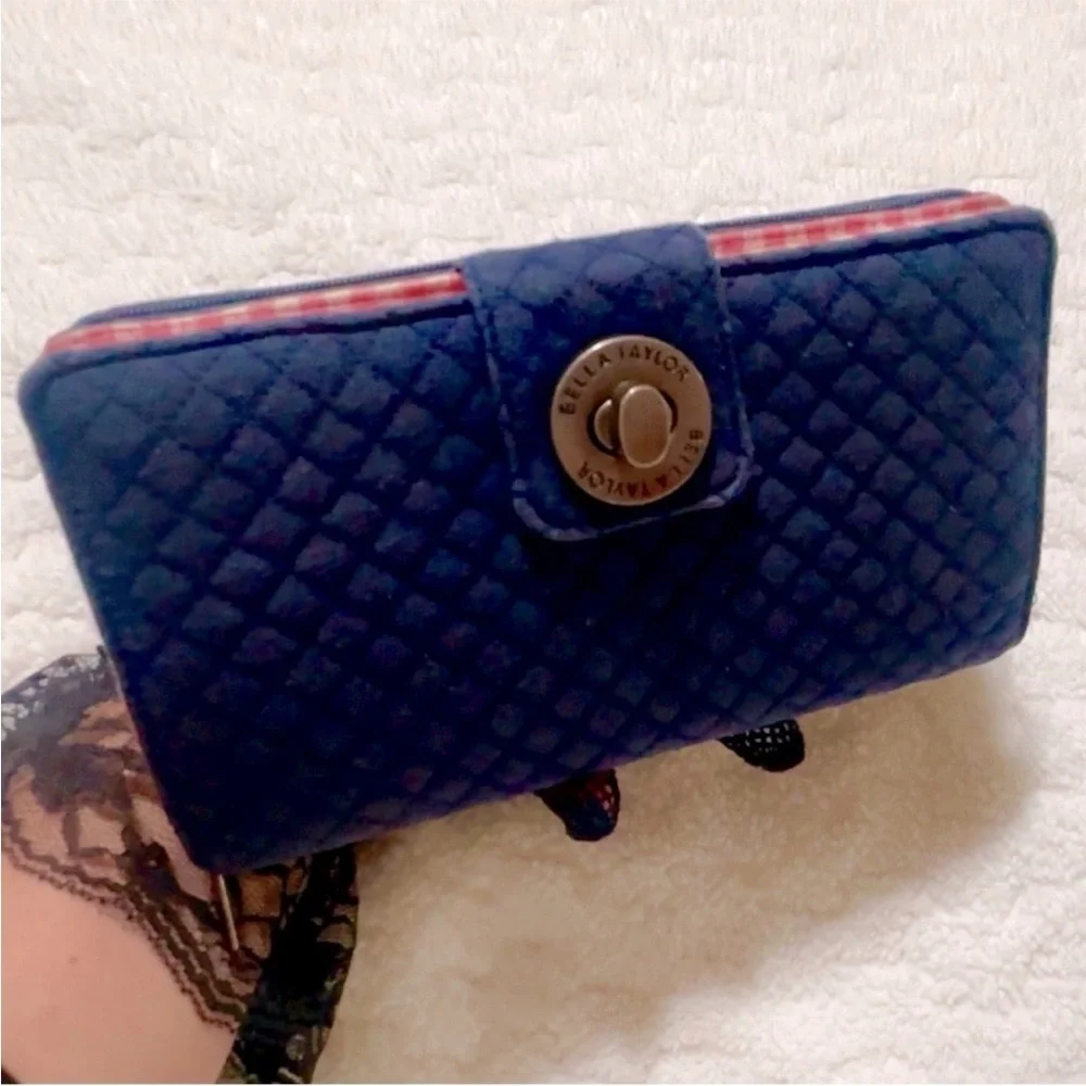 Bella Taylor Navy Quilted Wallet. RFID  8” x 5”